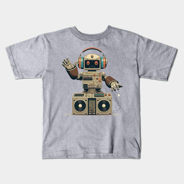 Oldschool Robot DJ Wearing Headphone Kids T-Shirt by Imagine79